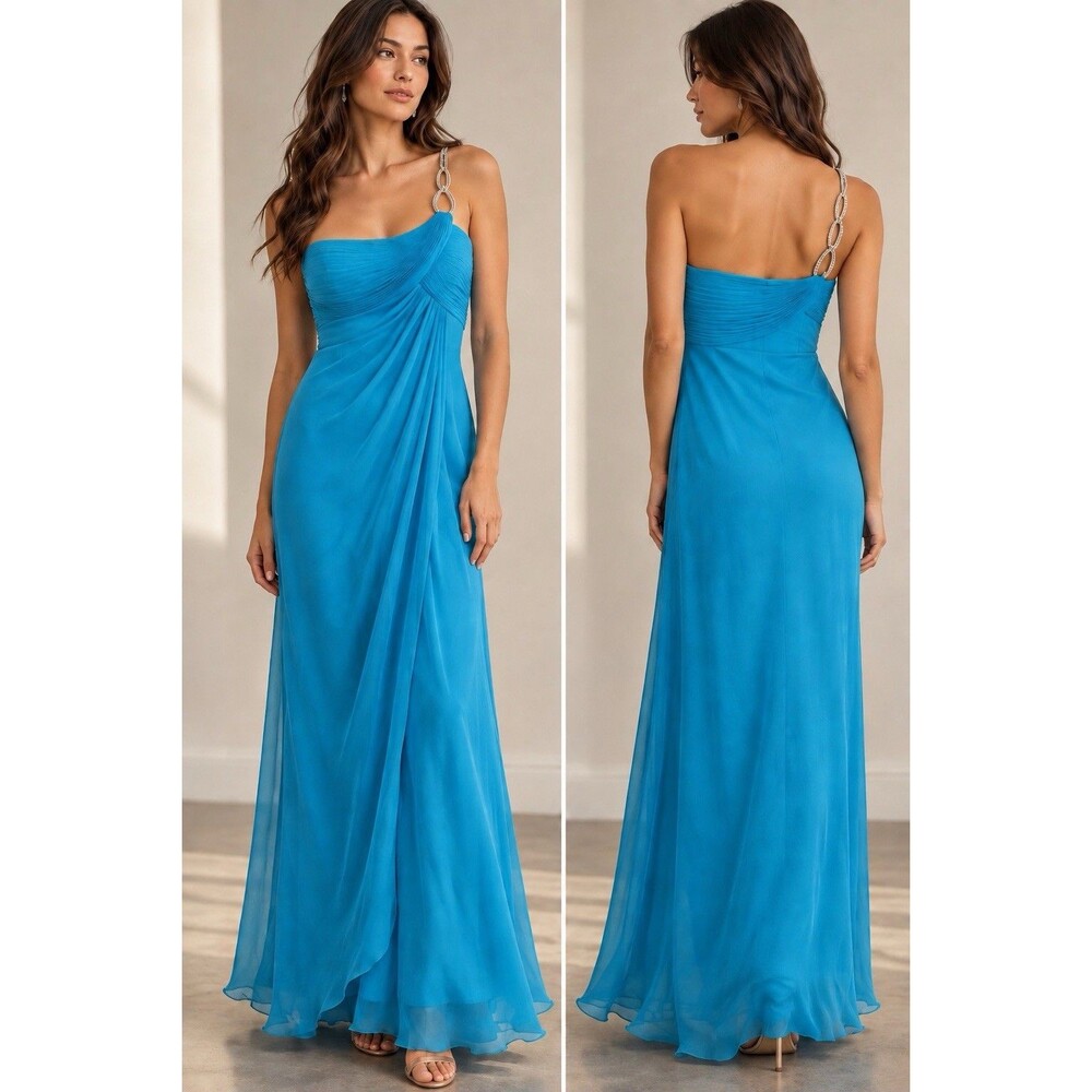 Cache Blue 100% Silk Rhinestone One Shoulder Ruched Maxi Evening Gown Women's 2